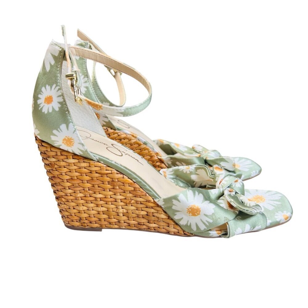 Jessica Simpson Delirah 8.5 Floral Wedge Rattan Daisy Picnic Bow Woven Heel - Picture 2 of 8